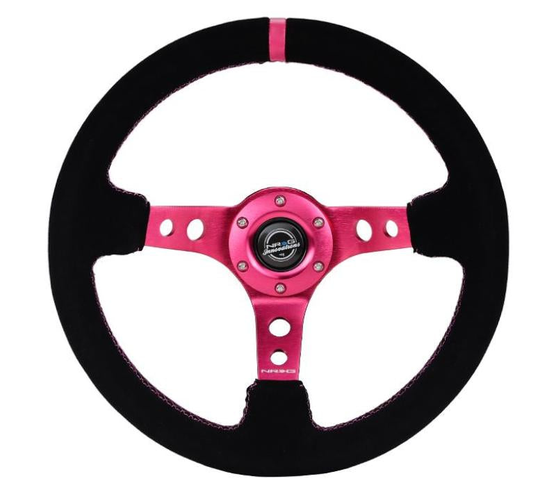 NRG Reinforced Steering Wheel (350mm/ 3in. Deep) Black Suede/ Fushia Center Mark/ Fushia Stitching - Circuit Hero