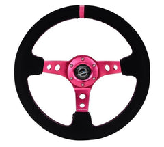 NRG Reinforced Steering Wheel (350mm/ 3in. Deep) Black Suede/ Fushia Center Mark/ Fushia Stitching - Circuit Hero